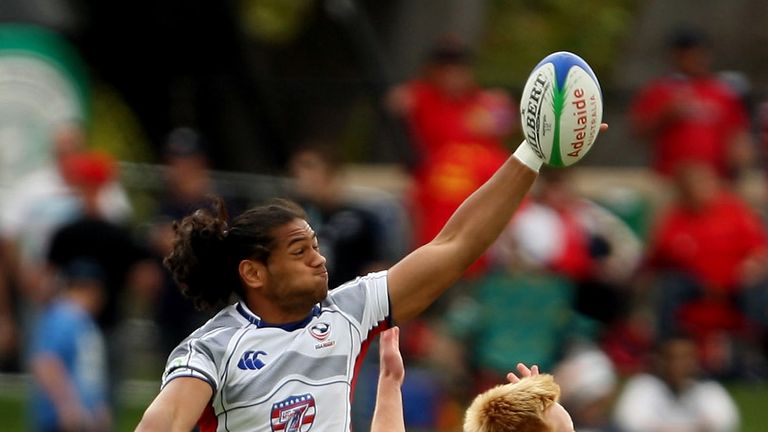 Thretton Palamo of the USA secures the ball from the kick-off during day two of the IRB Adelaide International Rugby Sevens