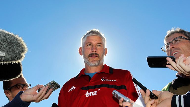 Crusaders coach Todd Blackadder speaks to the media after a Crusaders Super Rugby training session at Rugby Park 