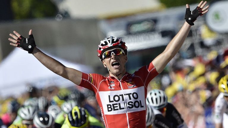France's Tony Gallopin celebrates as he crosses the finish line at the end of the 187.5 km eleventh stage of the 101st edition of the Tour de France