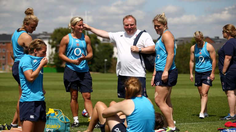 GUILDFORD, ENGLAND - JULY 17:  Head Coach Gary Street talks to the players after the England Women's Rugby training session at Surrey Sports Park on July 1