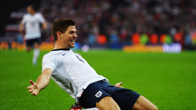 Steven Gerrard of England celebrates as he scores Englands second goal during the FIFA 2014 World Cup Qualifying Group H match betwen England and Polandn