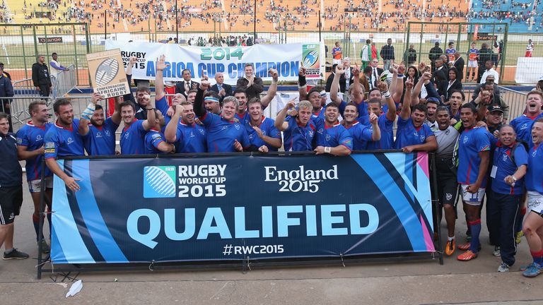 Namibia celebrate after qualifying for the RWC 2015 finals after their victory over Madagascar