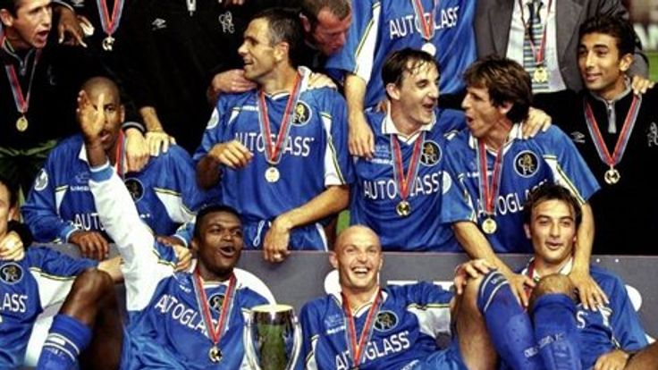 Chelsea celebrate 1998 European Super Cup win over Real Madrid in Monaco