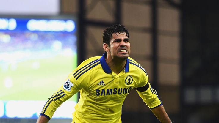 Diego Costa of Chelsea celebrates scoring his team's sixth goal against Everton