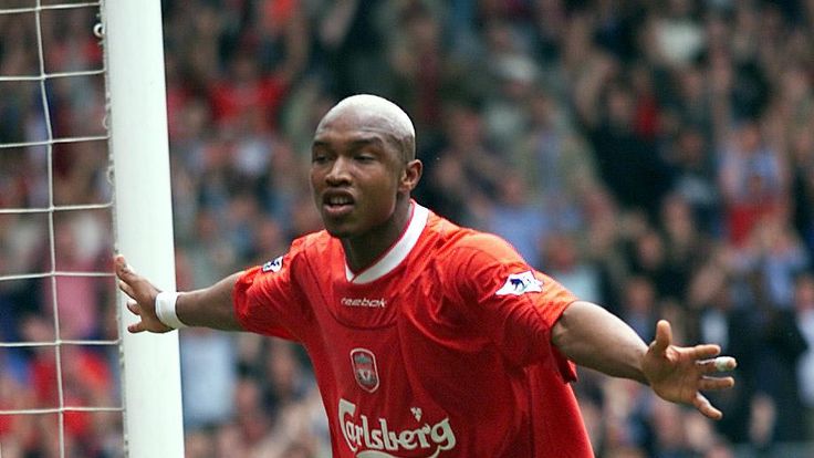Liverpools El Hadji Diouf celebrates his second goal against Southampton, during their FA Barclaycard Premiership match at Liverpool's Anfield stadium