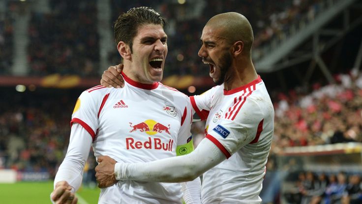 Salzburg's Brazilian striker Alan (R) and Spanish striker Jonatan Soriano (L) celebrate after the first goal during a Europa League match in March
