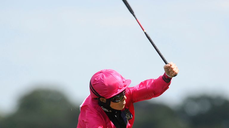 Emma Jayne-Wilson of Canada acknowledges the crowd at the Shergar Cup