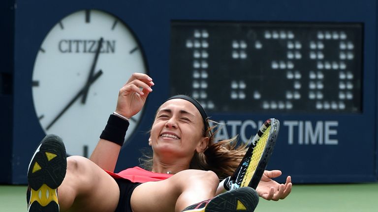 Aleksandra Krunic of Serbia celebrates match point against Petra Kvitova 