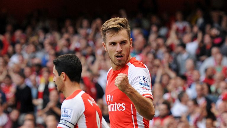 Arsenal's Aaron Ramsey celebrates scoring the winning goal during the Barclays Premier League match at The Emirates Stadium, London.