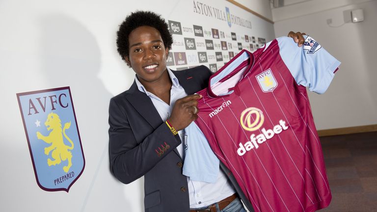 New signing Carlos Sanchez of Aston Villa poses for a picture at the club's training ground at Bodymoor Heath