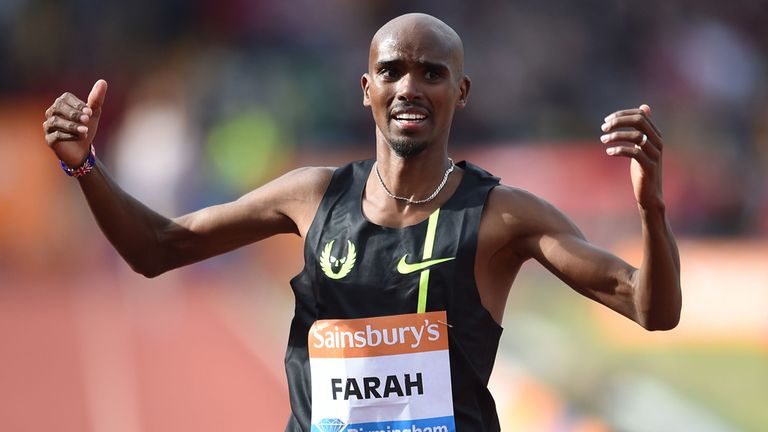 Great Britain's Mo Farah celebrates as he crosses the line to win the 2 Mile Race during the IAAF Diamond League meeting at the Alexander Stadium, Birmingh