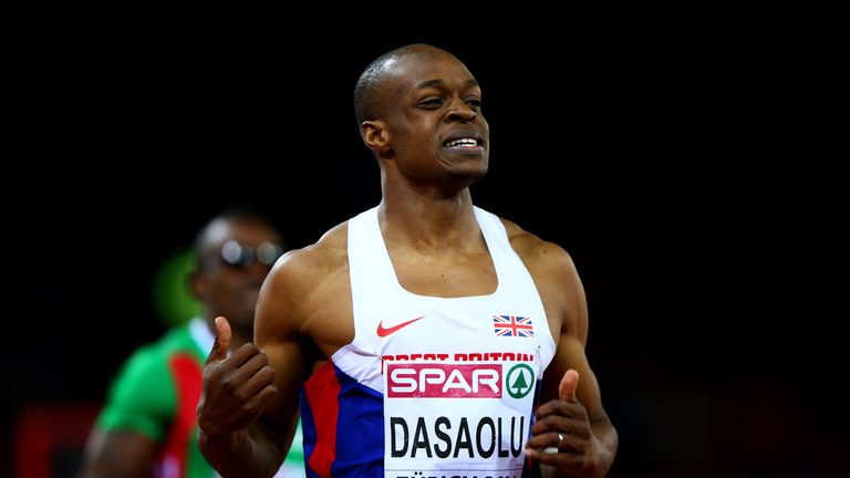 James Dasaolu of Great Britain celebrates winning gold in the Men's 100 metres final at the European Championships
