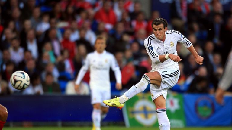 Real Madrid's Gareth Bale shoots during the UEFA Super Cup Final at the Cardiff City Stadium, Cardiff.