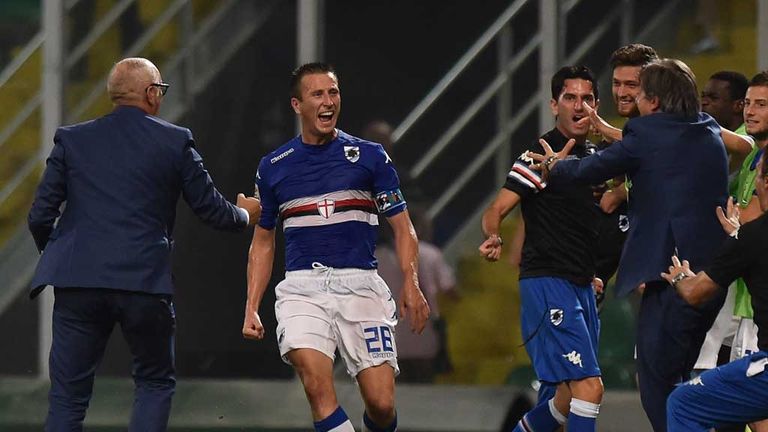 PALERMO, ITALY - AUGUST 31:  Daniele Gastakdelo (C) of Sampdoria celebrates after scoring the equalizing goal during the Serie A match between US Citta di 