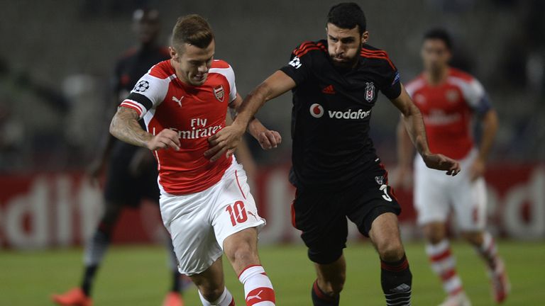 Besiktas's Ismail Koybasi (R) fights for the ball with Arsenal's Jack Wilshere (L) during their UEFA Champions League play-off first leg match 