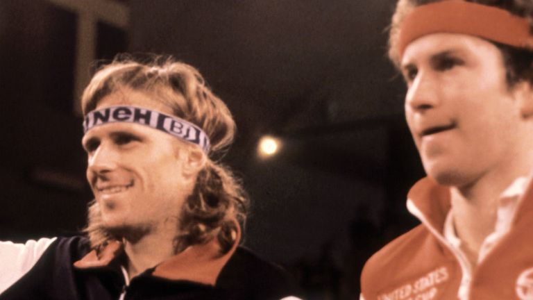 Swedish tennis player Bjorn Borg and John McEnroe (R) in the Stockholm Open 10 November 1980
