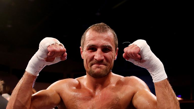 Sergey Kovalev celebrates his victory over Nathan Cleverly during the WBO light-heavyweight Championship bout in Cardiff