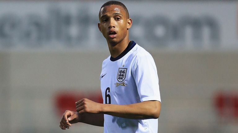 Brendan Galloway playing for England Under-18s in April of this year