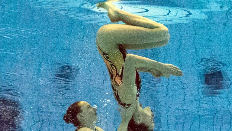 Britain's team (Jodie Cowie and Genevieve Randall) competing in the European Championship's synchronised swimming duet free preliminary event in Berlin