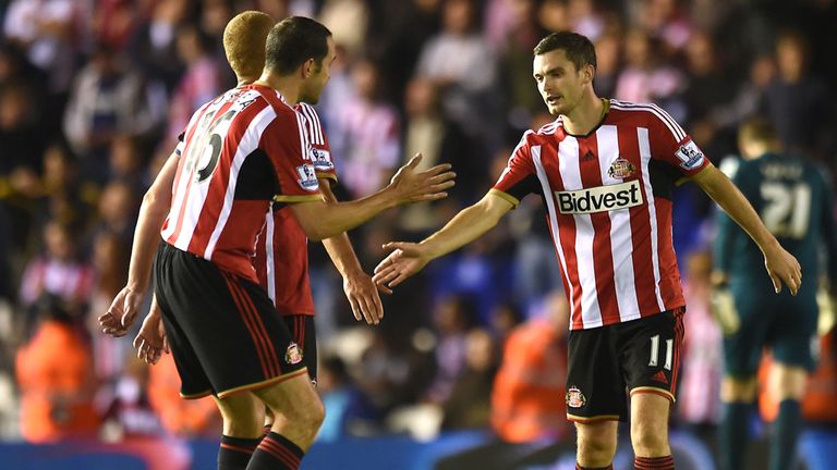 Sunderland's Adam Johnson (right) celebrates his goal with teammate John O'Shea (left) during the Capital One Cup Second Round match at St Andrews