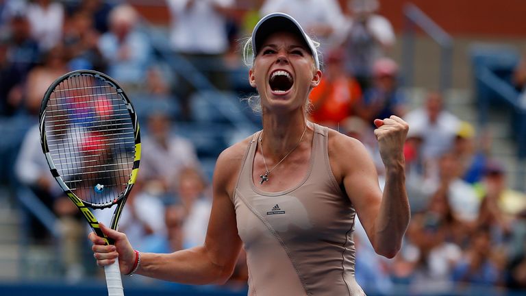 Caroline Wozniacki. US Open 2014. Celebrating fourth-round win over Maria Sharapova.
