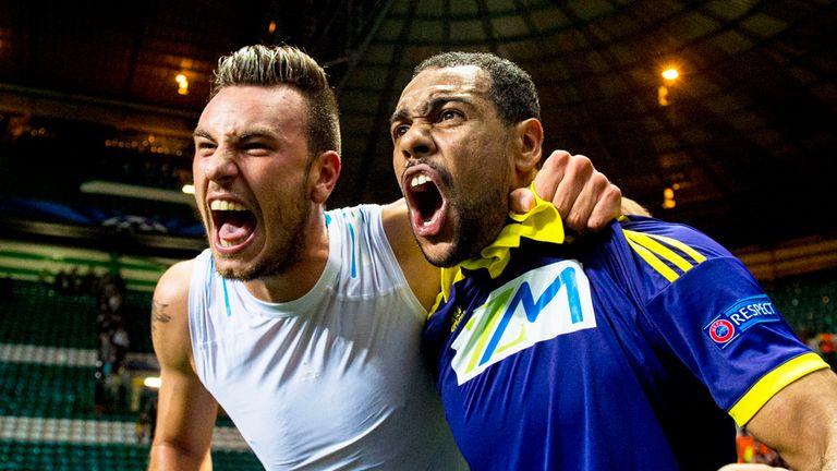 NK Maribor duo Amir Dervisveic (left) and Tavares celebrate at full-time