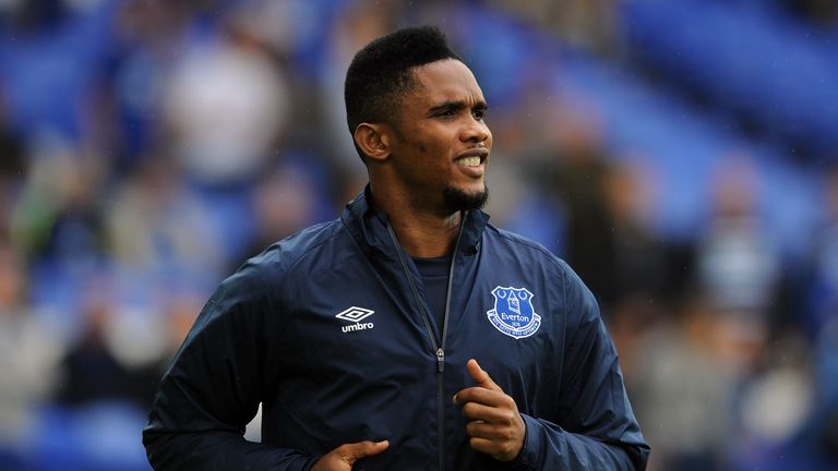 Samuel Eto'o of Everton warms up before facing his former team
