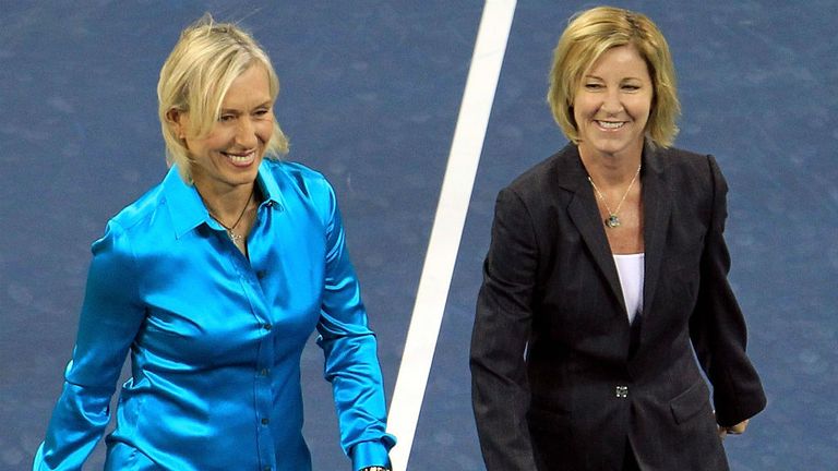 Chris Evert (R) and Martina Navratilova (L) walk on the court before the women's singles final at the 2010 US Open