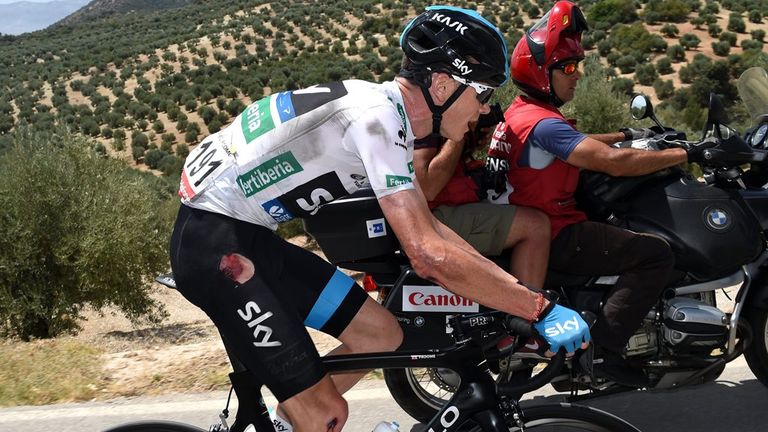 Chris Froome after a crash on stage seven of the 2014 Vuelta a Espana