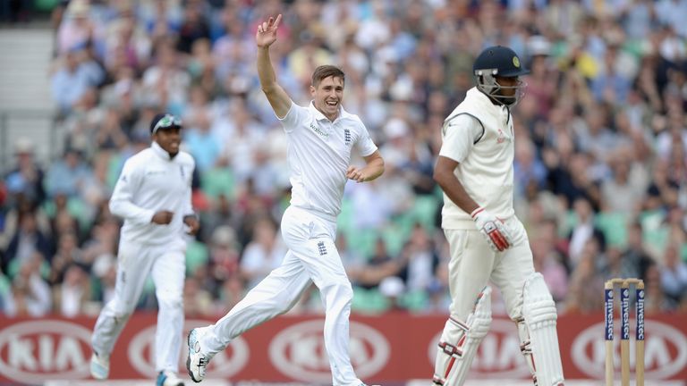 Chris Woakes celebrates the wicket of Ravichandran Ashwin. England v India, fifth Test, The Oval. August 15 2014.