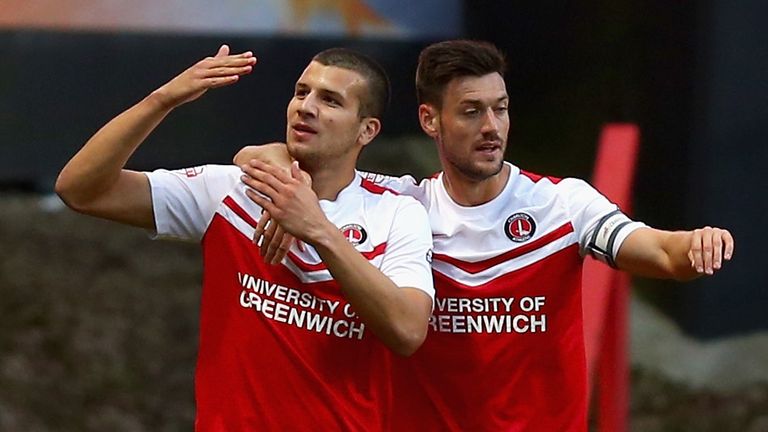 George Tucudean of Charlton celebrates his goal during the Sky Bet Championship match between Charlton Athletic and Derby County