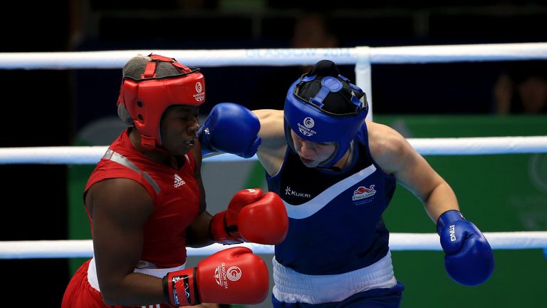England's Savannah Marshall (blue) in action against Nigeria's Edith Ogoke