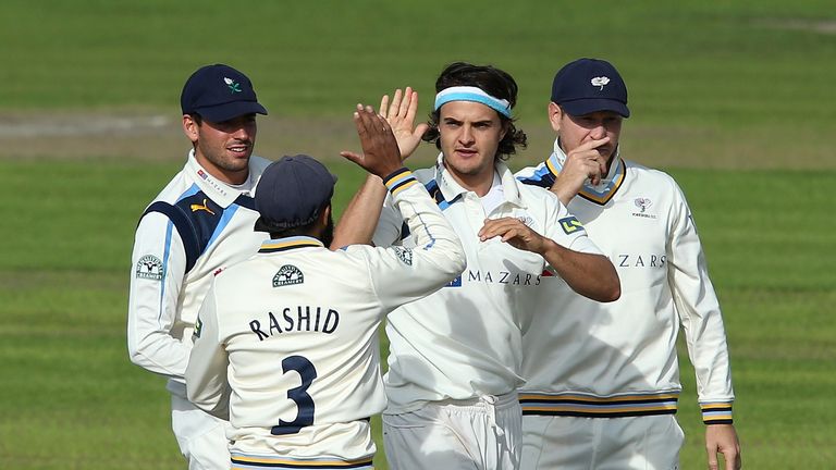 Jack Brooks of Yorkshire celebrates a wicket during the LV= County Championship fixture against Lancashire at Old Trafford