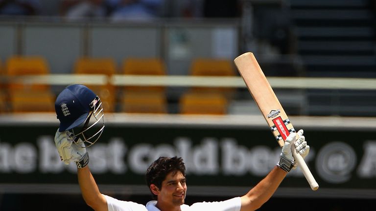 BRISBANE, AUSTRALIA - NOVEMBER 29:  Alastair Cook of England celebrates after reaching his double century during day five of the First Ashes Test match bet