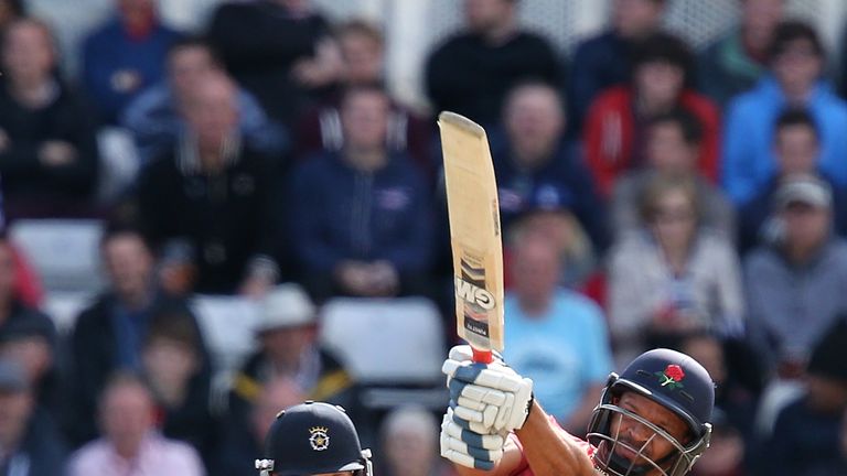 Ashwell Prince of  Lancashire Lightning hits out with Adam Wheater of Hampshire looking on during the Natwest T20 Blast
