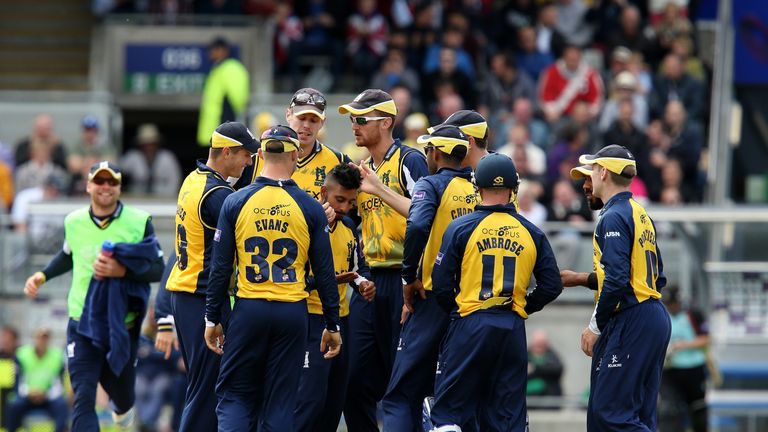 Ateeq Javid of Birmingham Bears celebrates with team-mates the wicket of Kevin Pietersen of Surrey at NatWest T20 Blast Finals Day