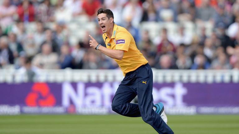 Chris Wood of Hampshire celebrates dismissing Usman Khawaja of Lancashire during the Semi Final Natwest T20 Blast match