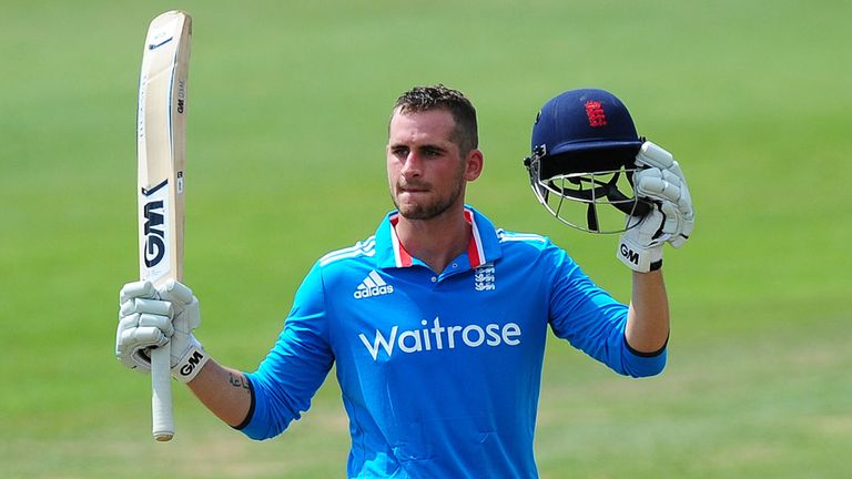 Alex Hales of England Lions celebrates after reaching his century during the Triangular Series match between England Lions and Sri Lanka A