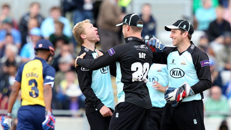 Veteran spinner Gareth Batty of Surrey celebrates the wicket of Varun Chopra after a a fine caught and bowled during the Natwest T20 Blast Semi Final 