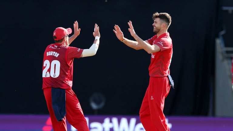 James Anderson (right) and Paul Horton. Lancashire v Hampshire. NatWest T20 Blast semi-final. Edgbaston. August 23 2014.
