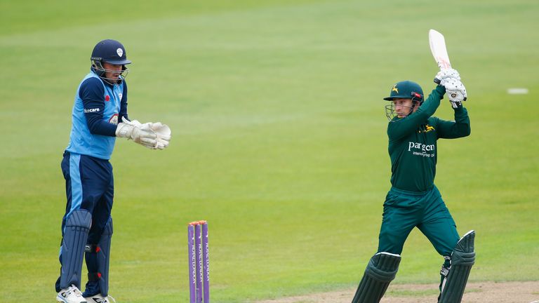 James Taylor batting, Gareth Cross keeping wicket. Nottinghamshire v Derbyshire. Royal London Cup quarter-final. August 2014.