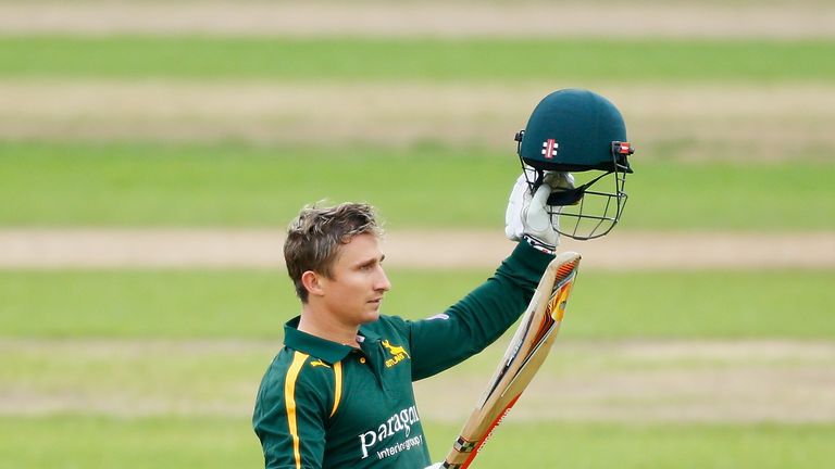 James Taylor of Nottinghamshire celebrates reaching his century during the Royal London One-Day Cup quarter-final clash with Derbyshire