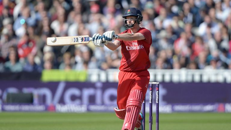 Karl Brown of Lancashire hits out for six runs during the Semi Final Natwest T20 Blast match against Hampshire