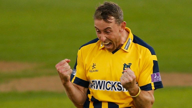 Rikki Clarke of Warwickshire celebrates dismissing James Foster of Essex during the Royal London One-Day Cup Quarter Final