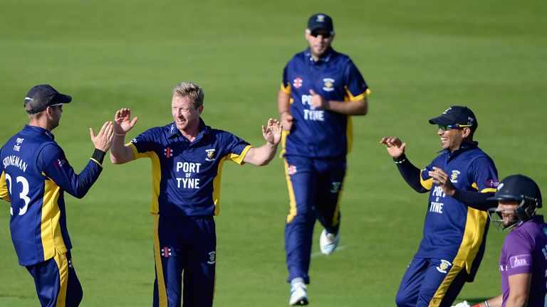 Paul Collingwood of Durham celebrates with teammates after dismissing Tim Bresnan of Yorkshire during the Royal London One-Day quarter final