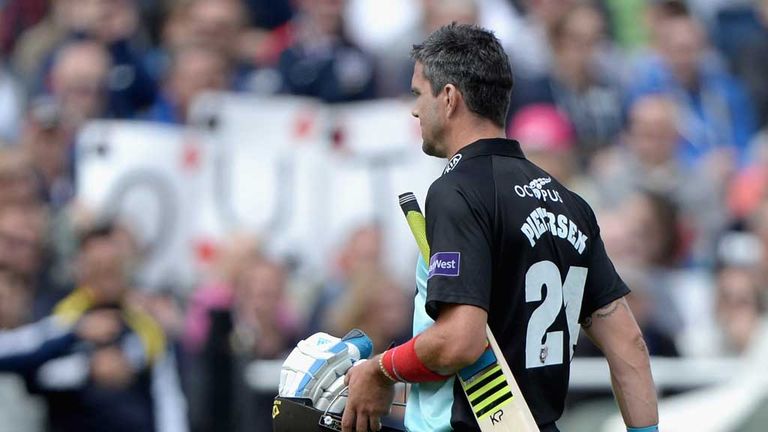 BIRMINGHAM, ENGLAND - AUGUST 23:   Kevin Pietersen of Surrey leaves the field after being dismissed by Ateeq Javid of Birmingham Bears during the Semi Fina