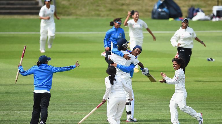HIGH WYCOMBE, ENGLAND - AUGUST 16:  The Indian team celebrate their victory during Day Four of the Womens Test match between England and India at Wormsley 