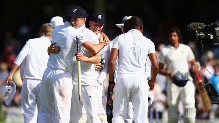 LONDON, ENGLAND - AUGUST 17:  Alastair Cook of England celebrates Gary Ballance after England won the match during day three of the 5th Investec Test match