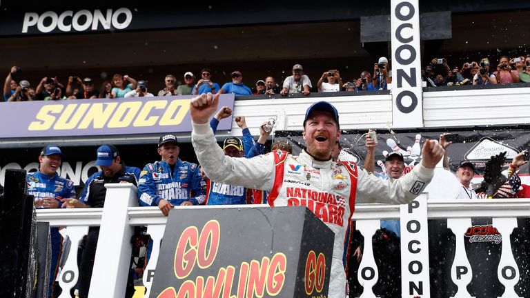 Dale Earnhardt Jr celebrates at Pocono Raceway