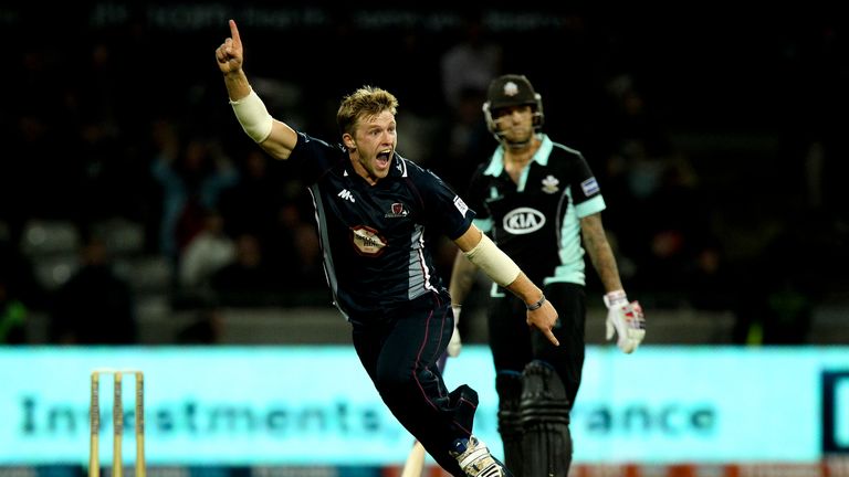 David Willey of Northamptonshire celebrates after taking the last wicket during the 2013 Friends Life T20 final against Surrey at Edgbaston